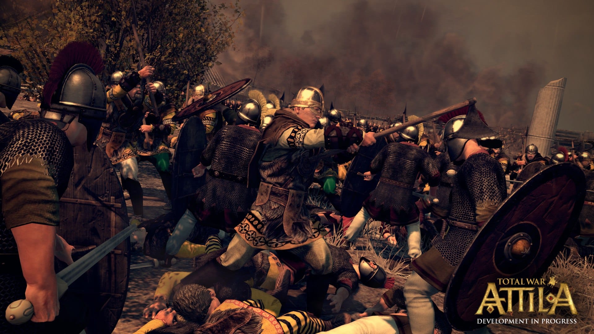 Armoured soldiers with round shields and swords fight at close quarters in Total War: Attila.
