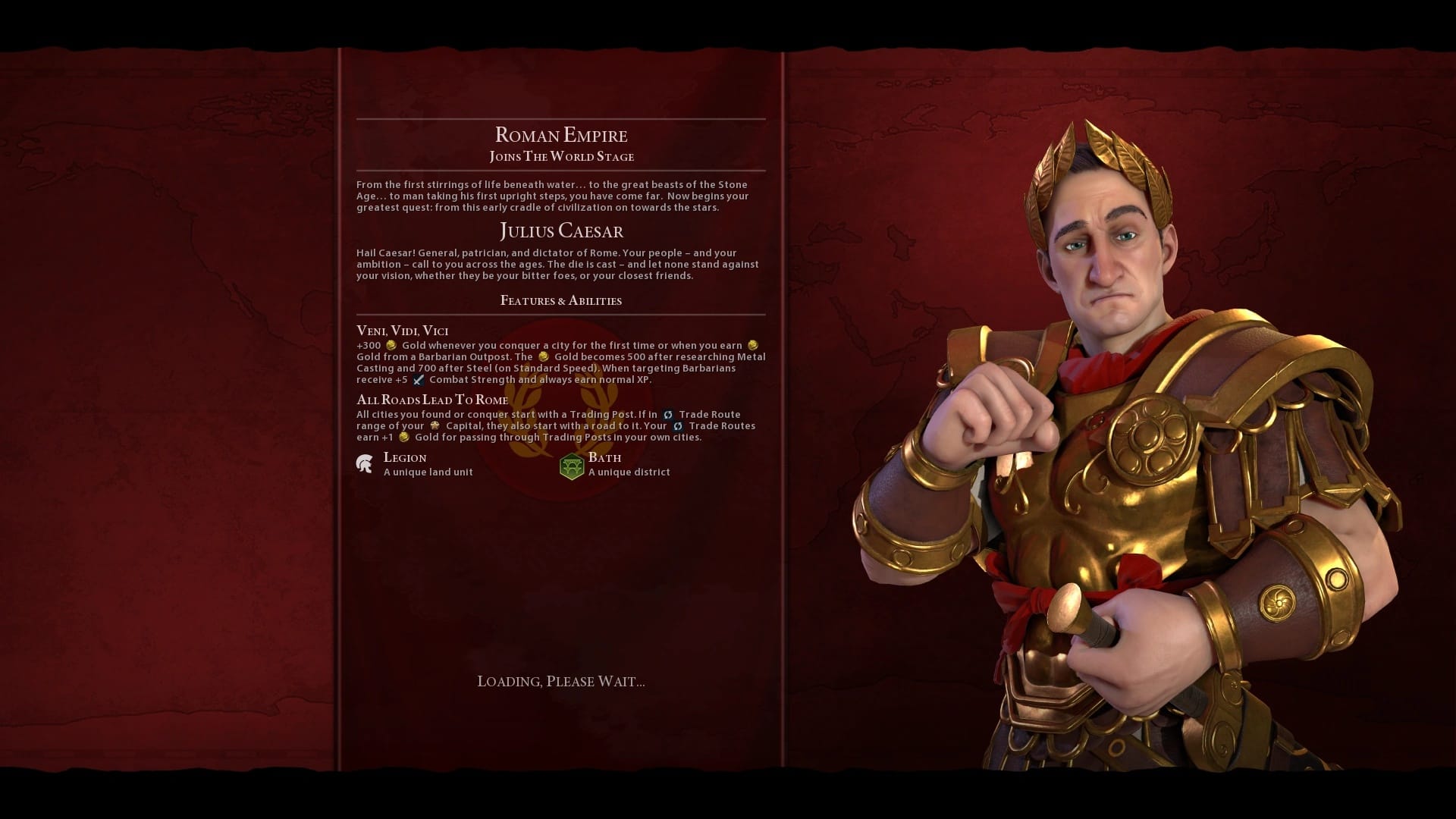 Julius Caesar in a gold cuirass and laurel wreath beside the Roman Empire’s abilities on Civilization VI’s loading screen.