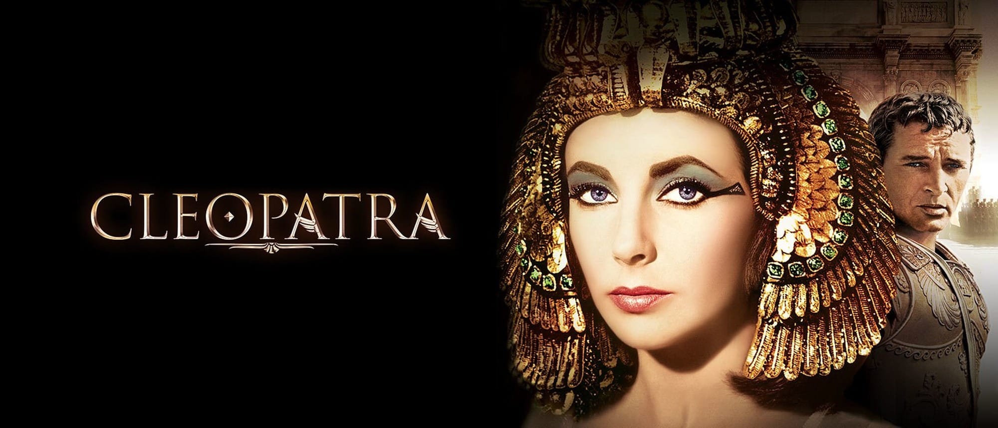 Elizabeth Taylor as Cleopatra and Richard Burton as Mark Antony in the studio’s colour artwork, with the film title on the left.