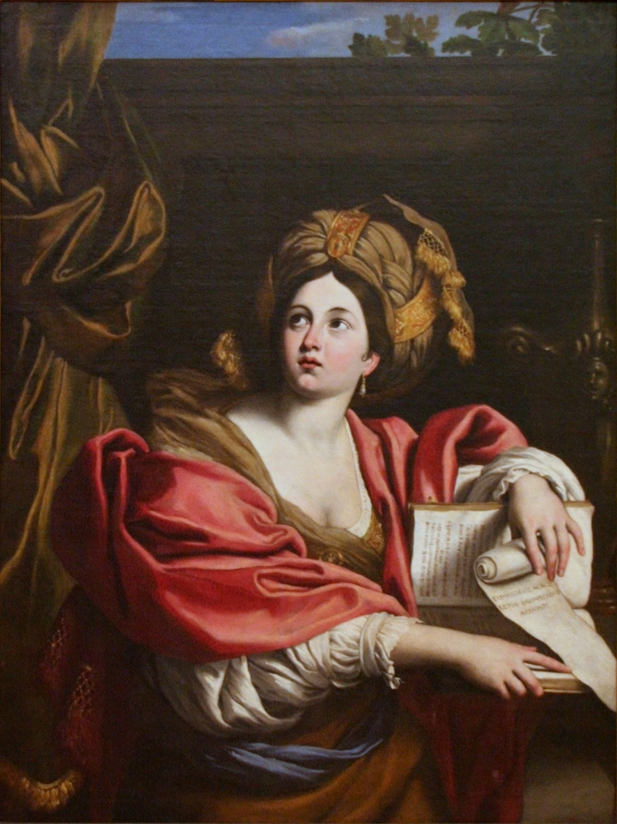 Domenichino’s seventeenth-century painting of the Cumaean Sibyl holding a scroll and wearing a turban.