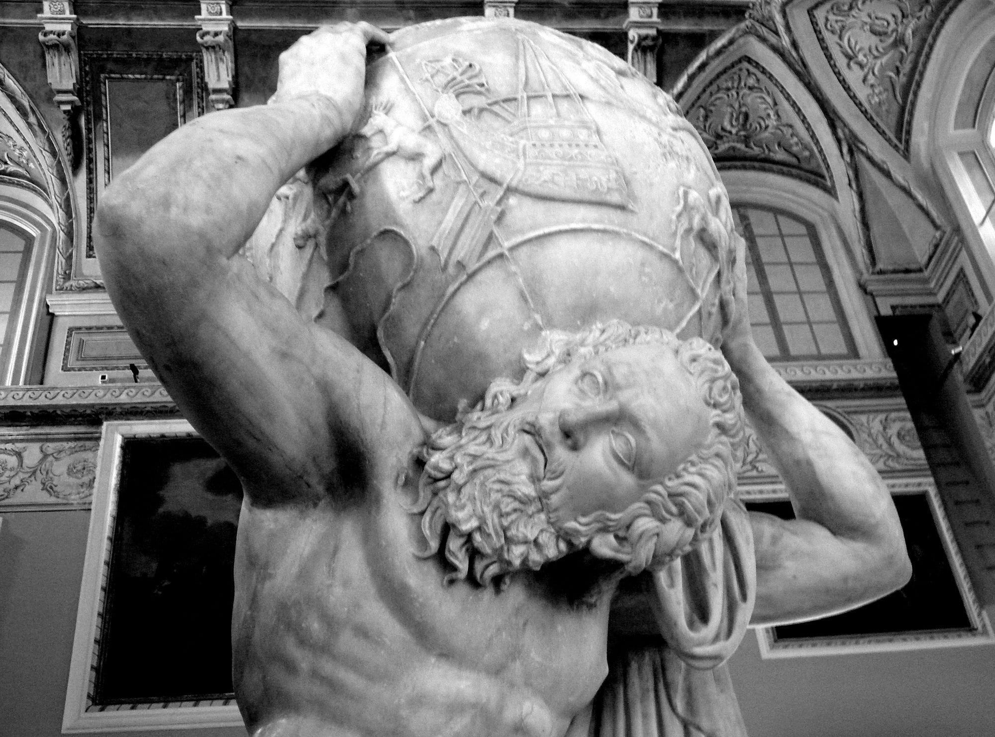 The Farnese Atlas supporting an engraved celestial globe at the National Archaeological Museum in Naples.
