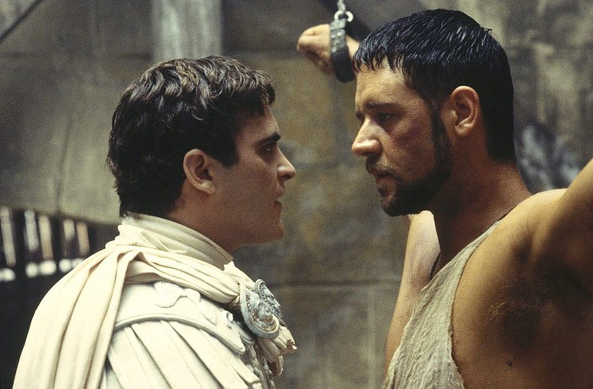 Joaquin Phoenix as Commodus confronts Russell Crowe as Maximus in Gladiator (2000).