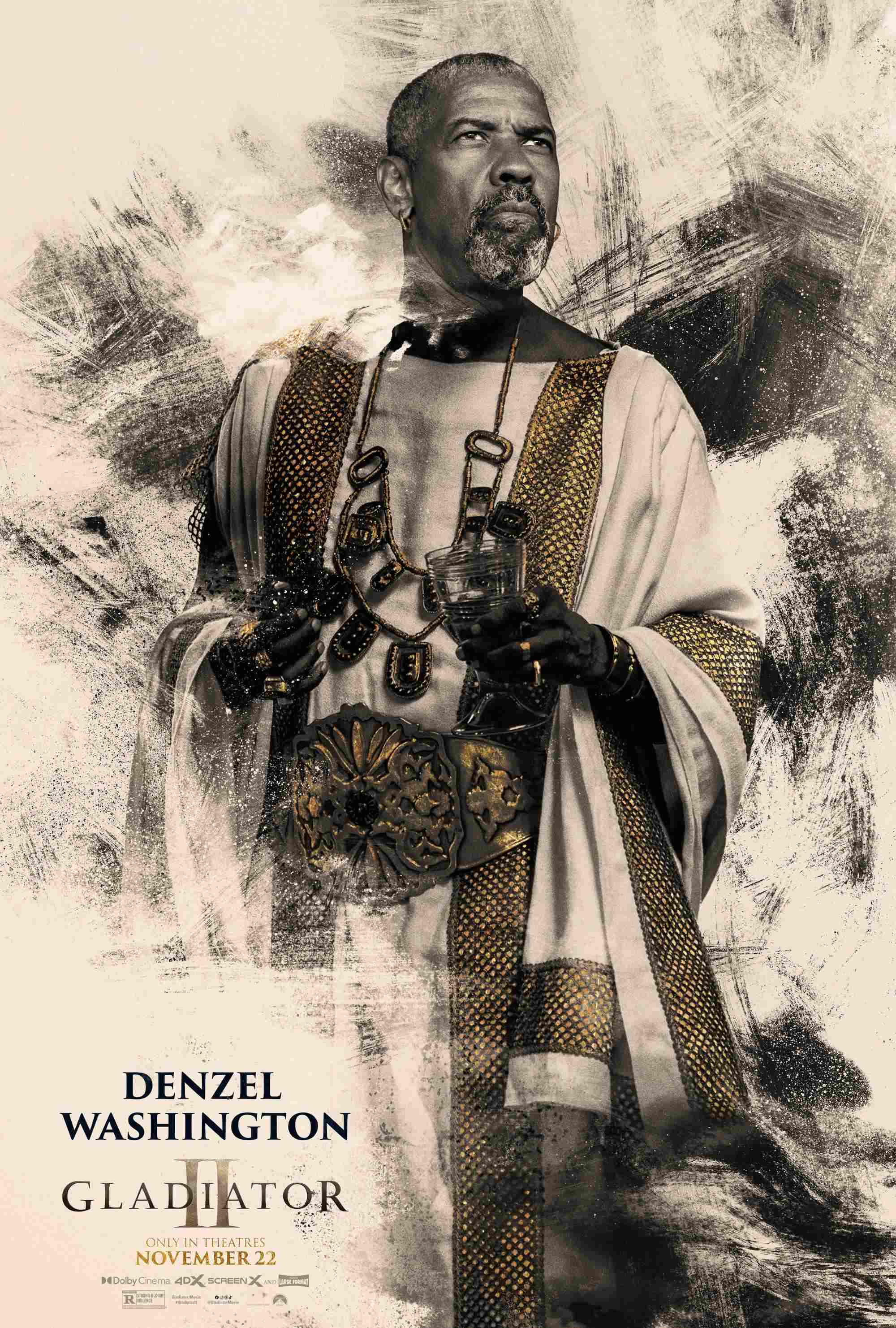 Denzel Washington as Macrinus in Gladiator II character publicity artwork.