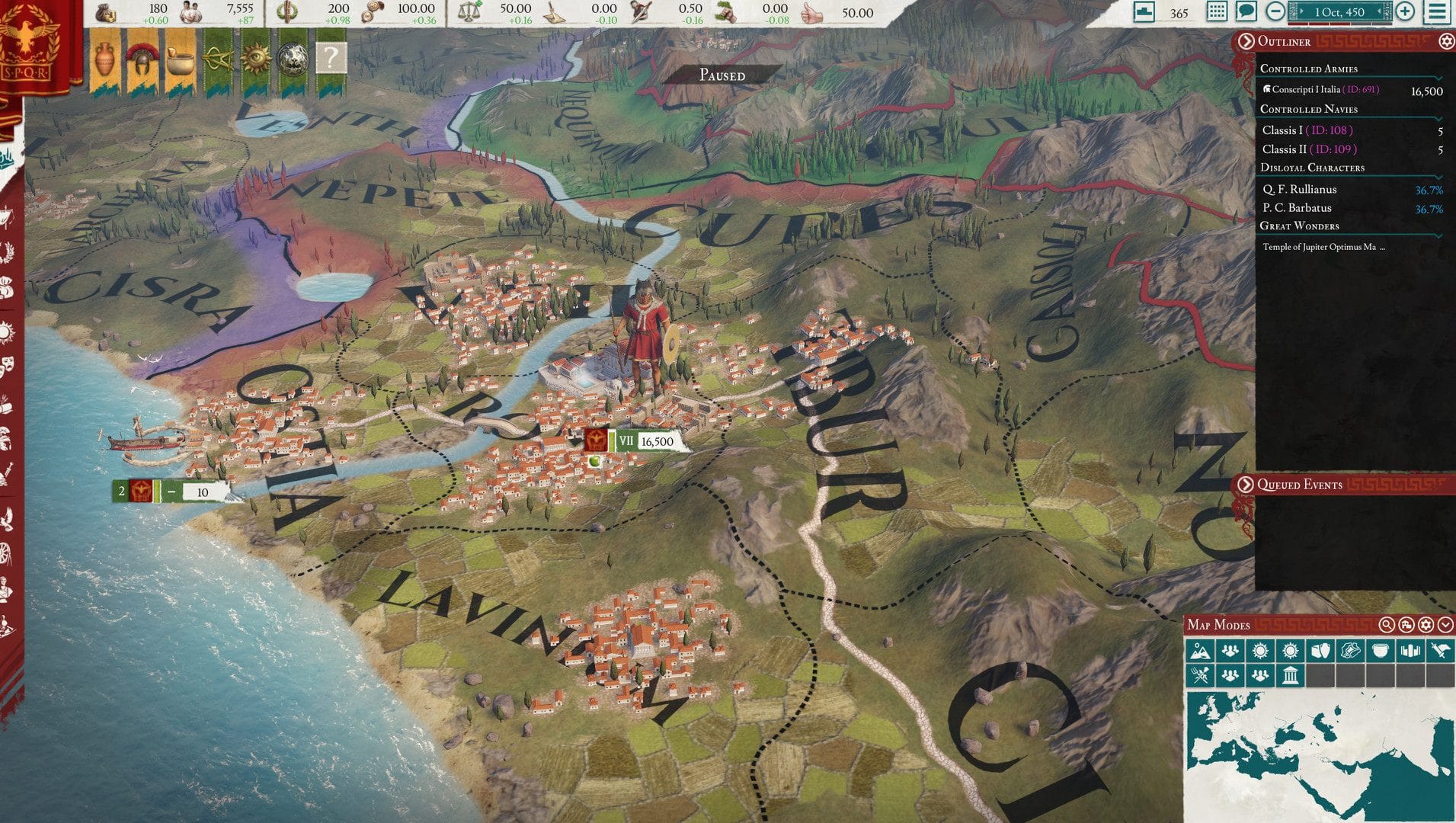 The campaign map of central Italy, with armies, settlements and provincial boundaries, in Imperator: Rome.