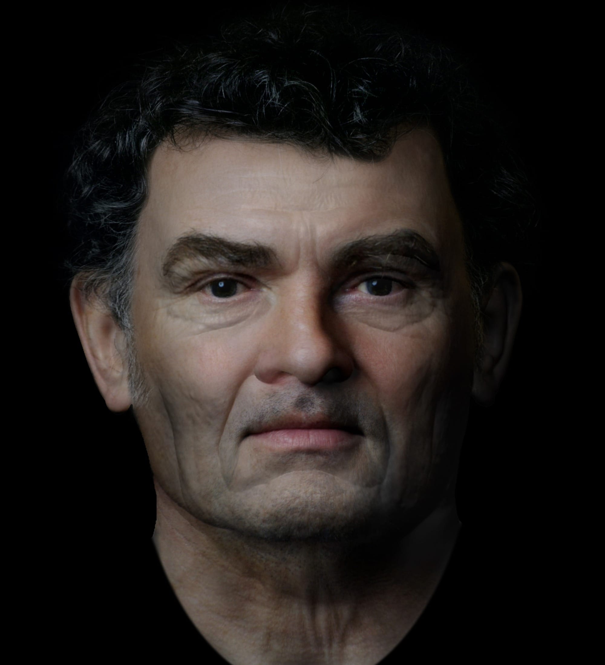 Digital reconstruction of the Inveresk man with dark hair greying at the temples and short facial hair.