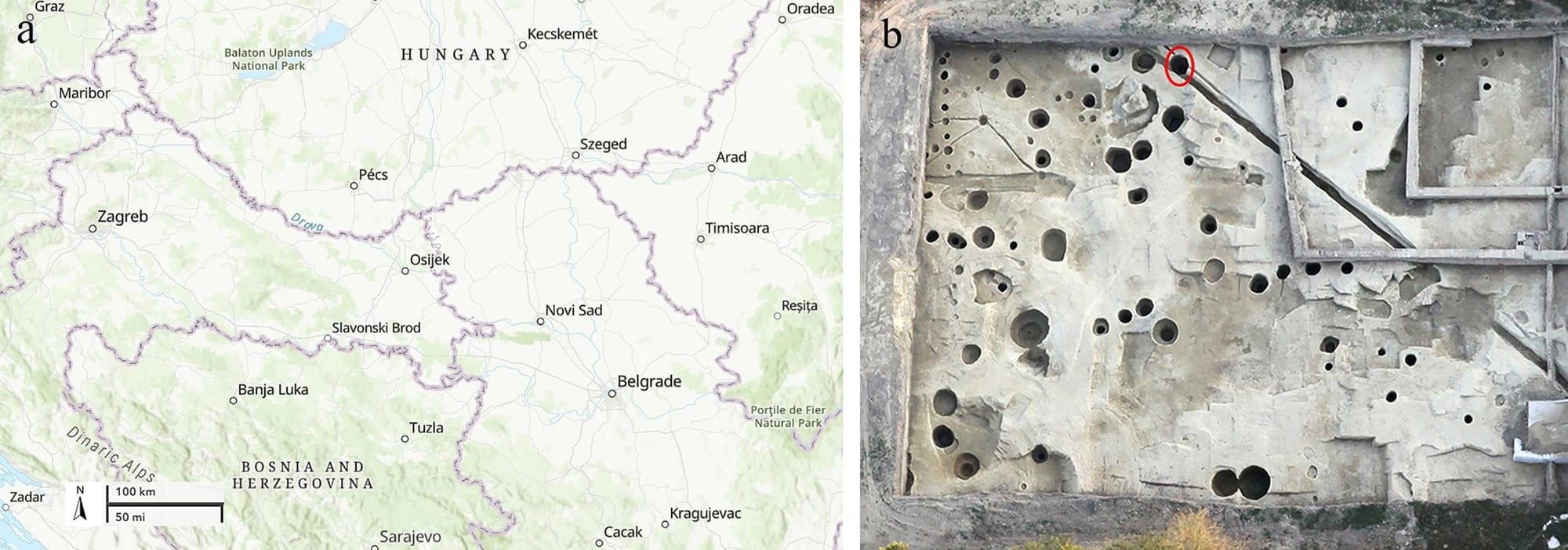 Two-panel figure: a regional map marks Osijek in eastern Croatia near the Drava, and an excavation plan circles the Roman well at Mursa.