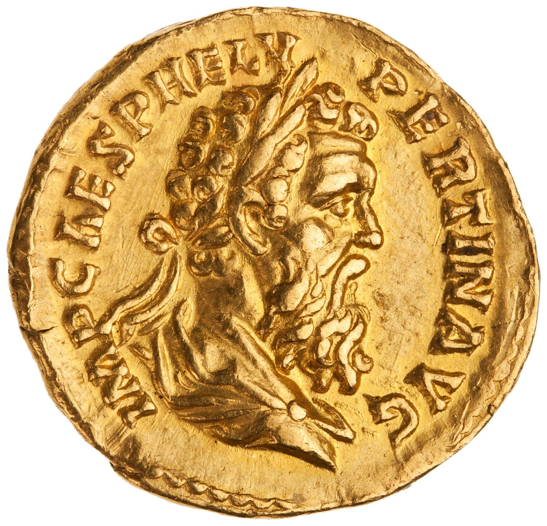 Obverse of a gold aureus showing the laureate profile of Pertinax facing right, surrounded by his imperial titles.