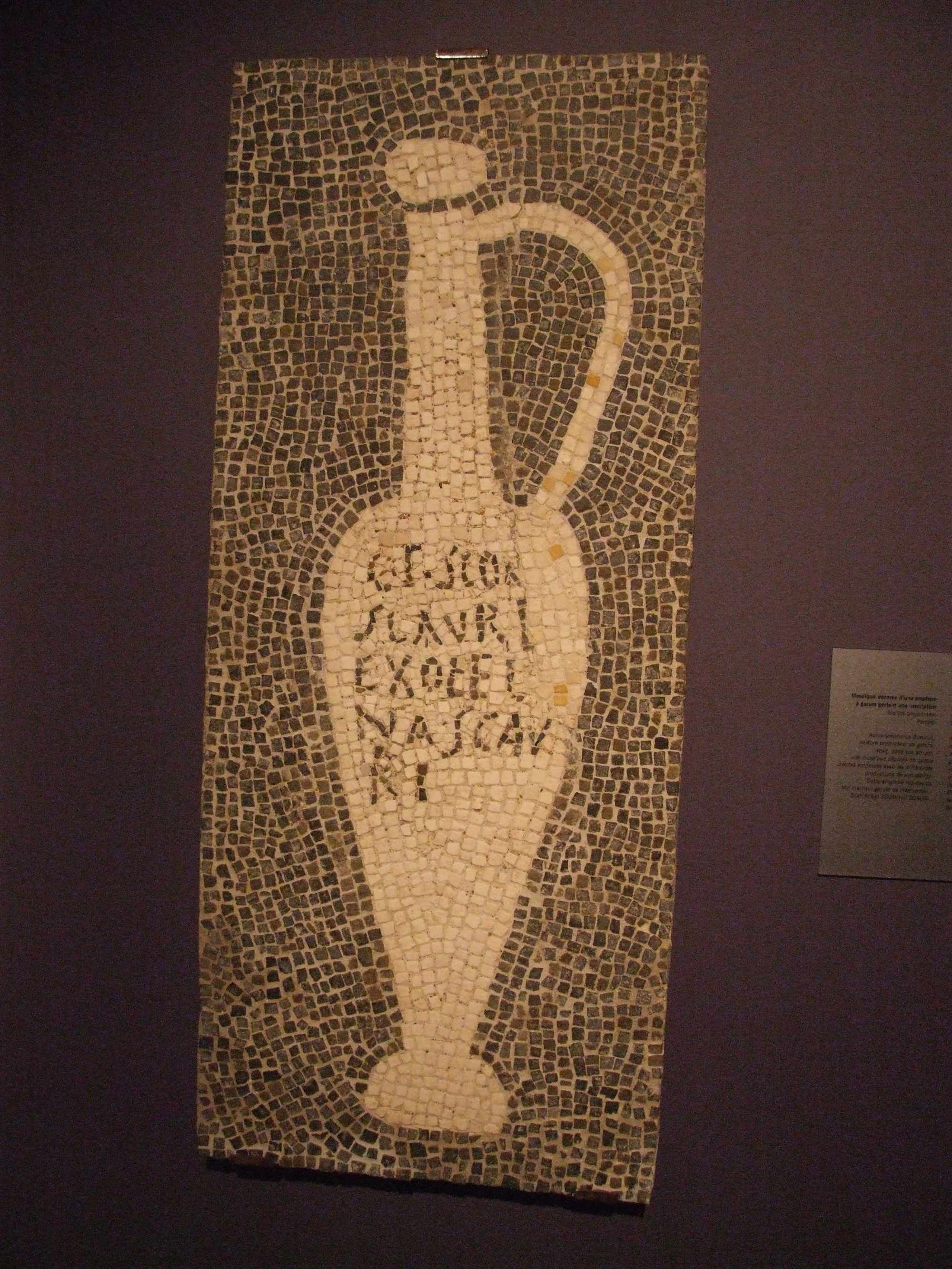 Pompeii mosaic showing an inscribed fish-sauce vessel from the House of Aulus Umbricius Scaurus.