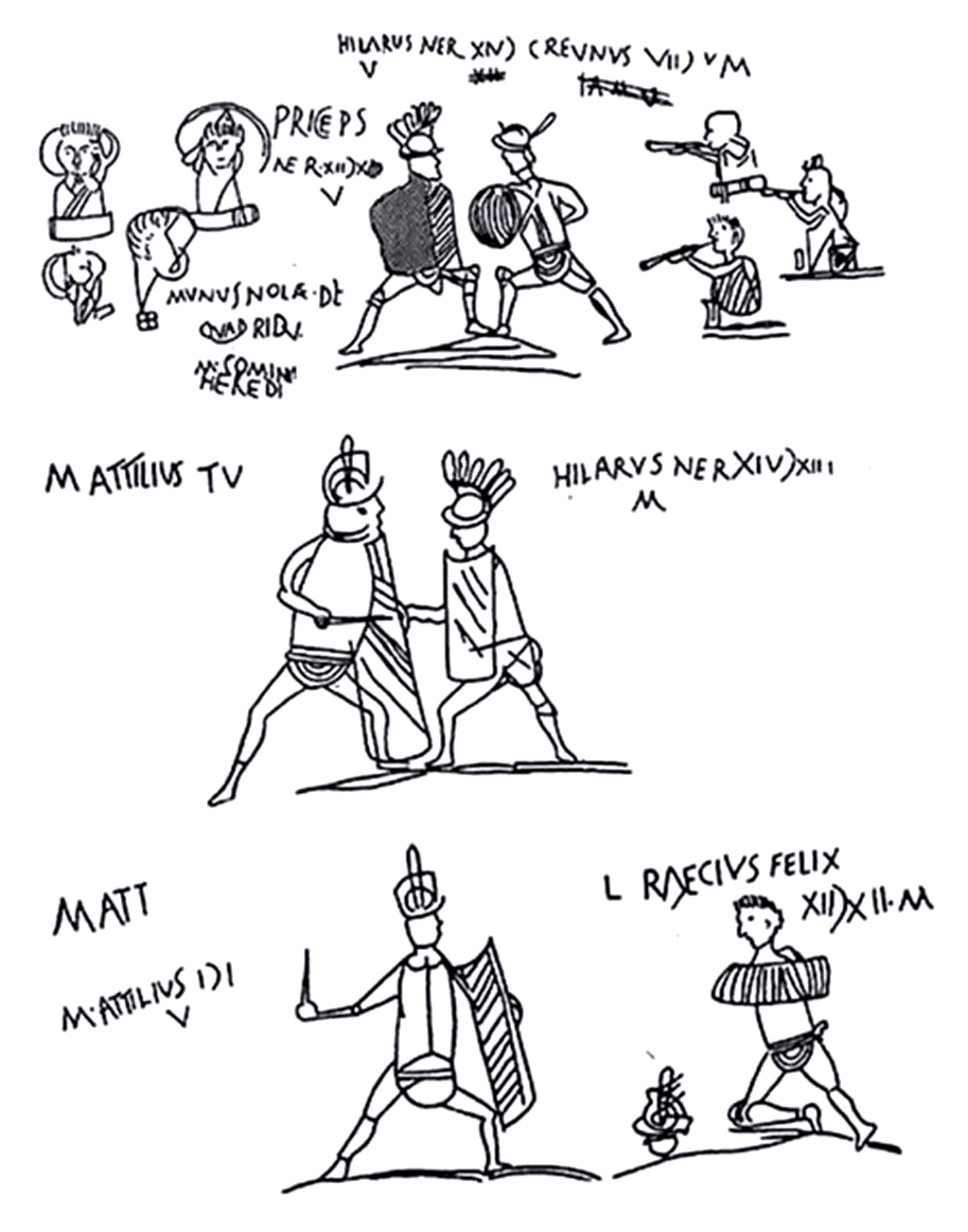 Pompeii Porta Nocera. Tomb 14EN. Drawings of gladiator graffiti from tomb.