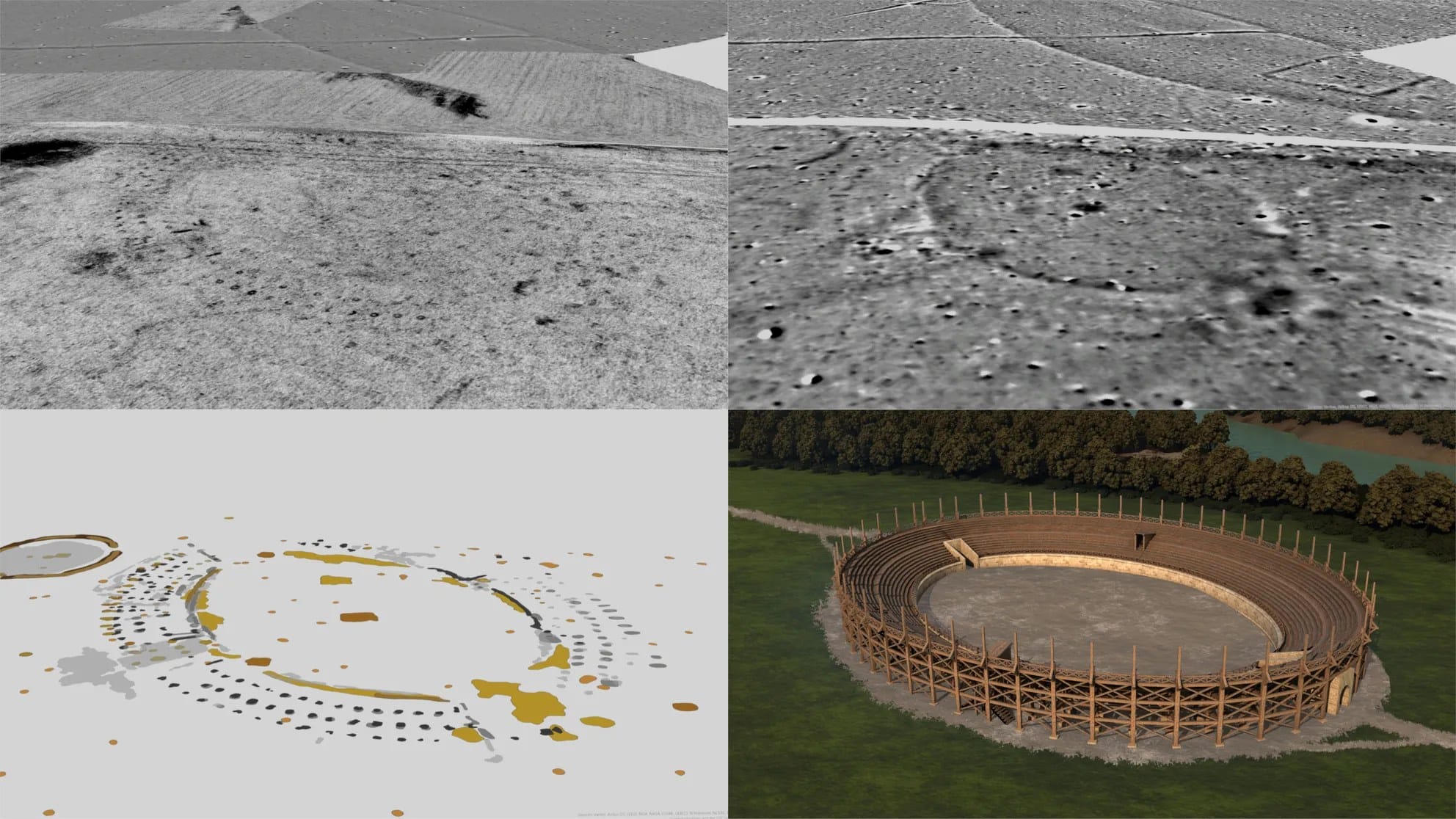 Four-panel comparison of survey data and a reconstruction of the Roman amphitheater at Stein