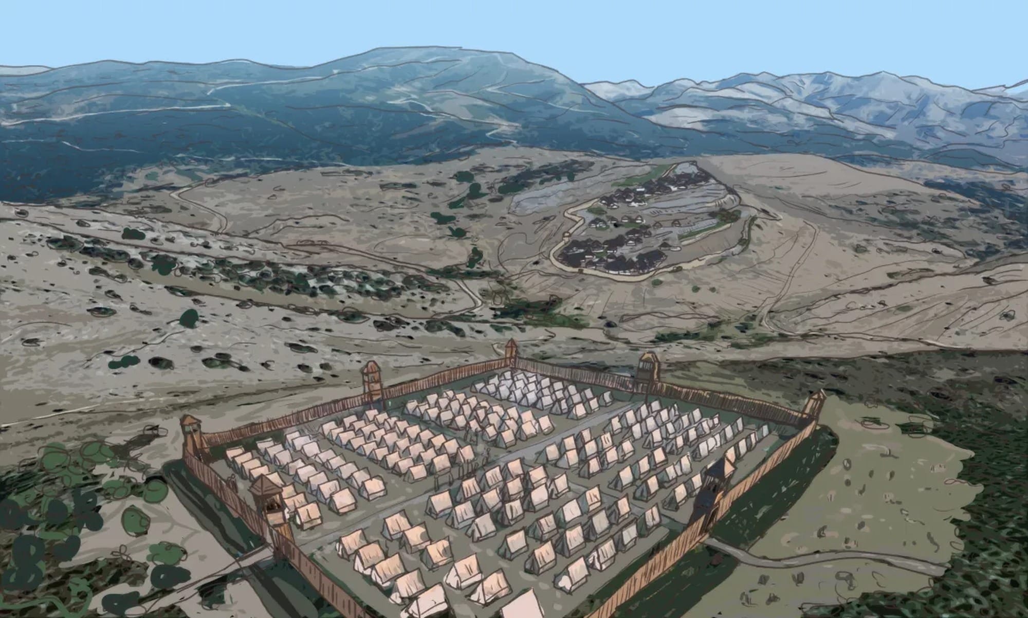 Illustrated reconstruction of a rectangular Roman camp with tents and timber defences below the hillfort of La Peña del Castro.