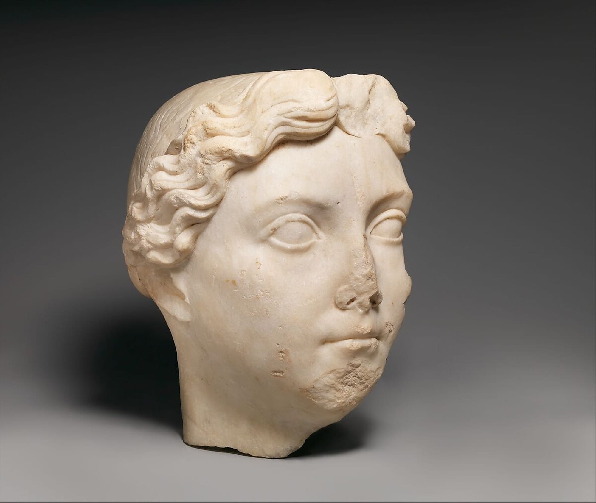 Roman marble portrait head of Livia, with centrally parted wavy hair, photographed against a grey background.