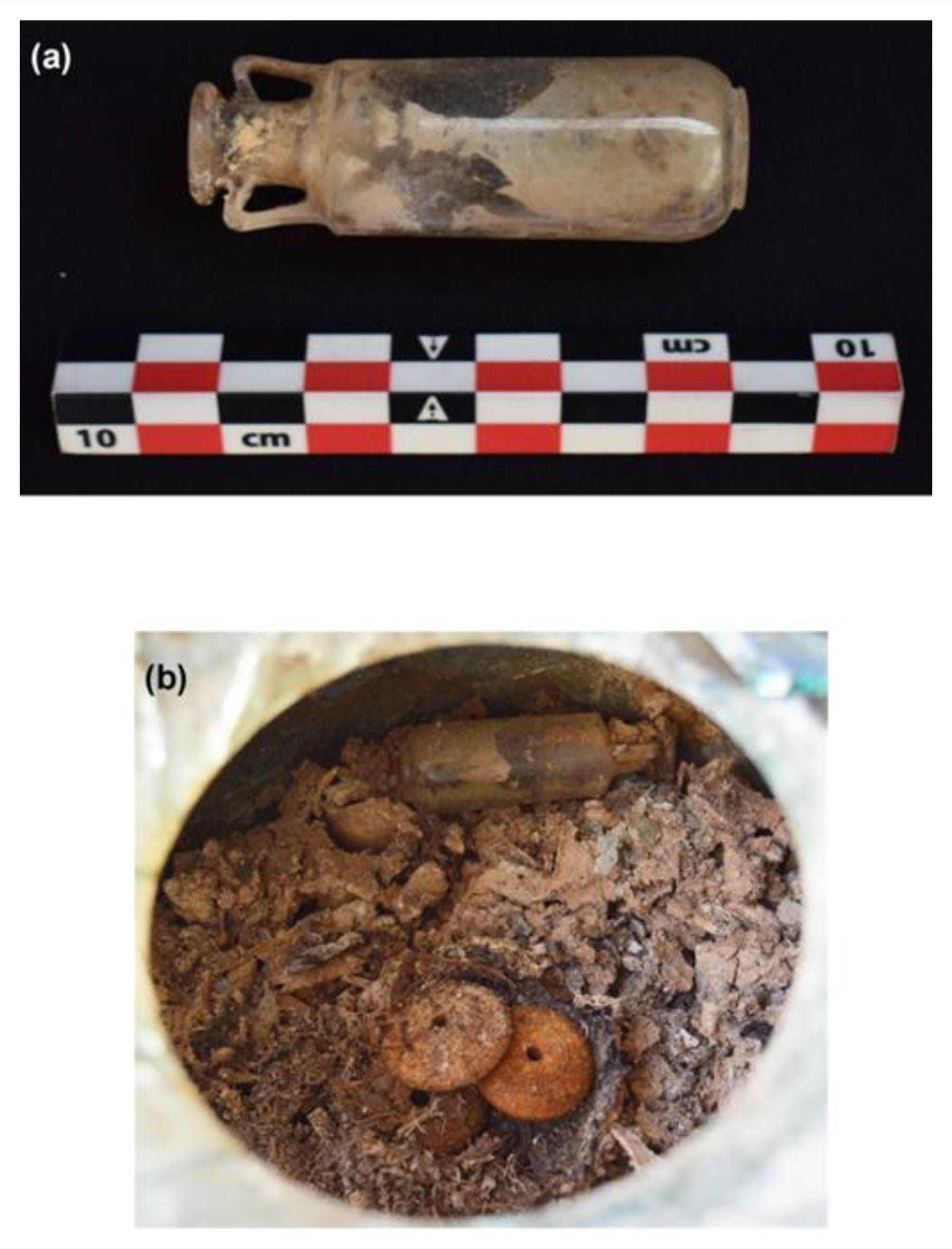 Two-part archaeological figure showing a small handled rock-crystal flask beside a scale and the flask inside a cremation urn.
