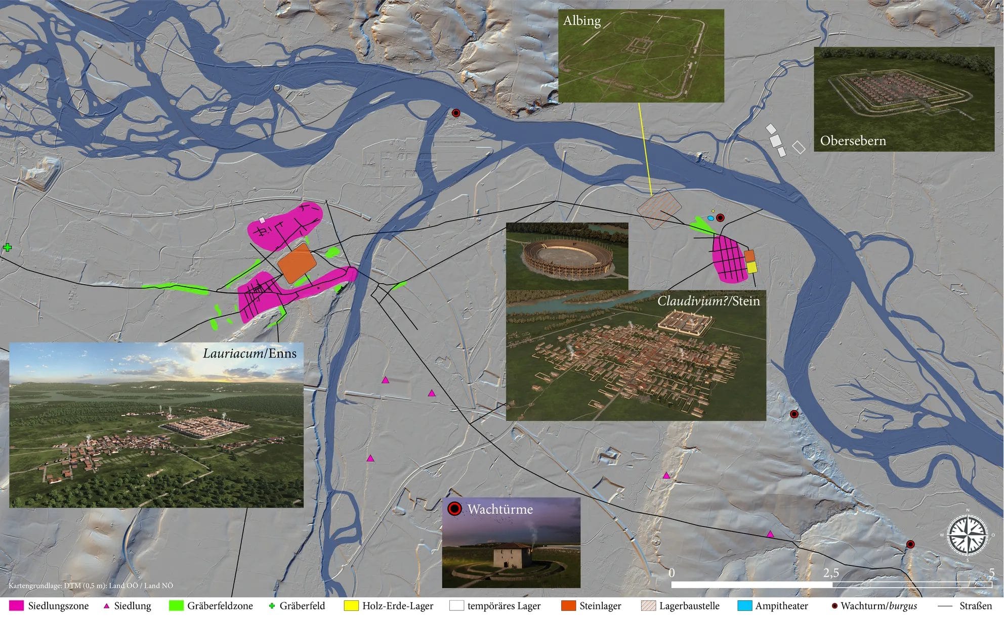 Illustrated map of Roman sites and routes between Enns and Stein on the Danube