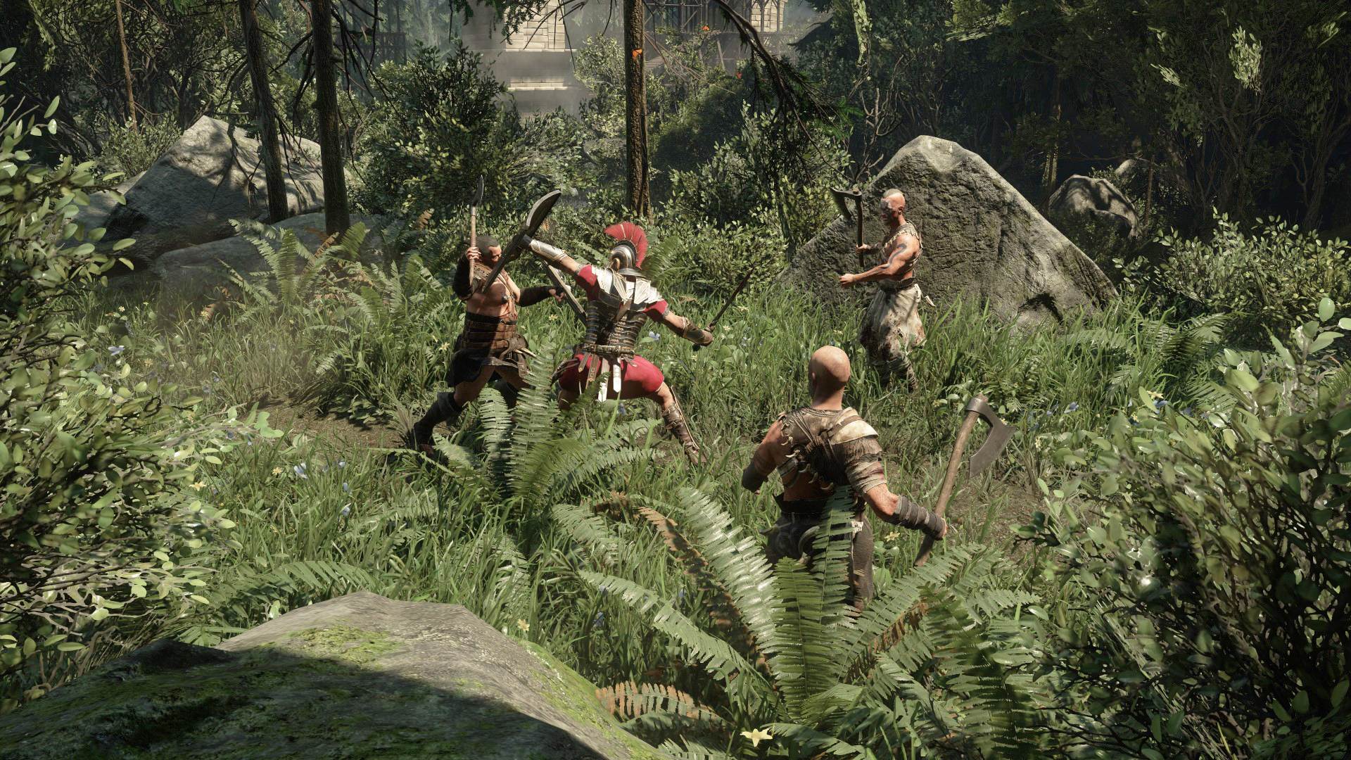 Marius Titus fights axe-wielding opponents in a woodland clearing in Ryse: Son of Rome.