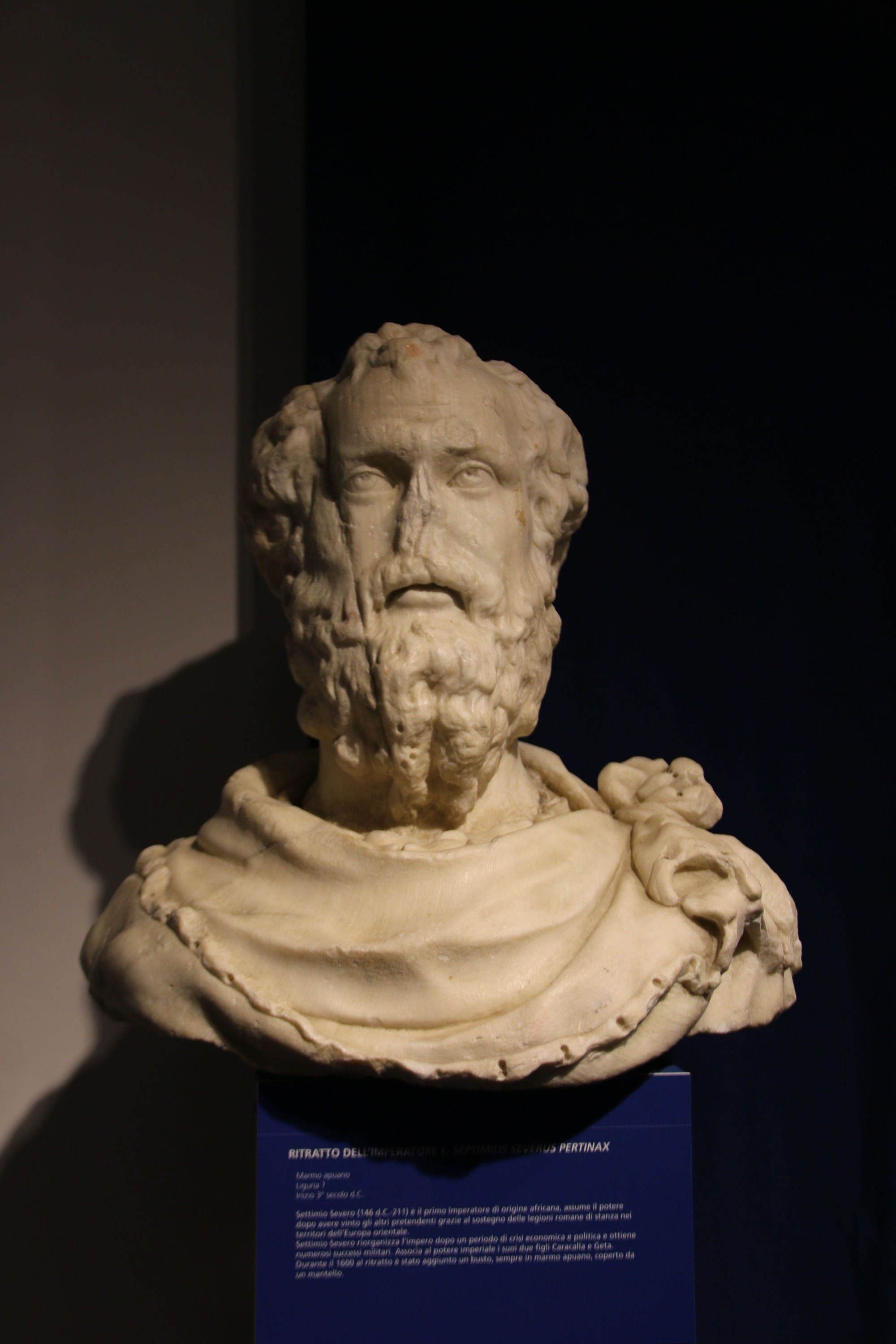 Marble portrait of Septimius Severus with a curly beard, mounted on a later draped bust in Genoa’s archaeological museum.