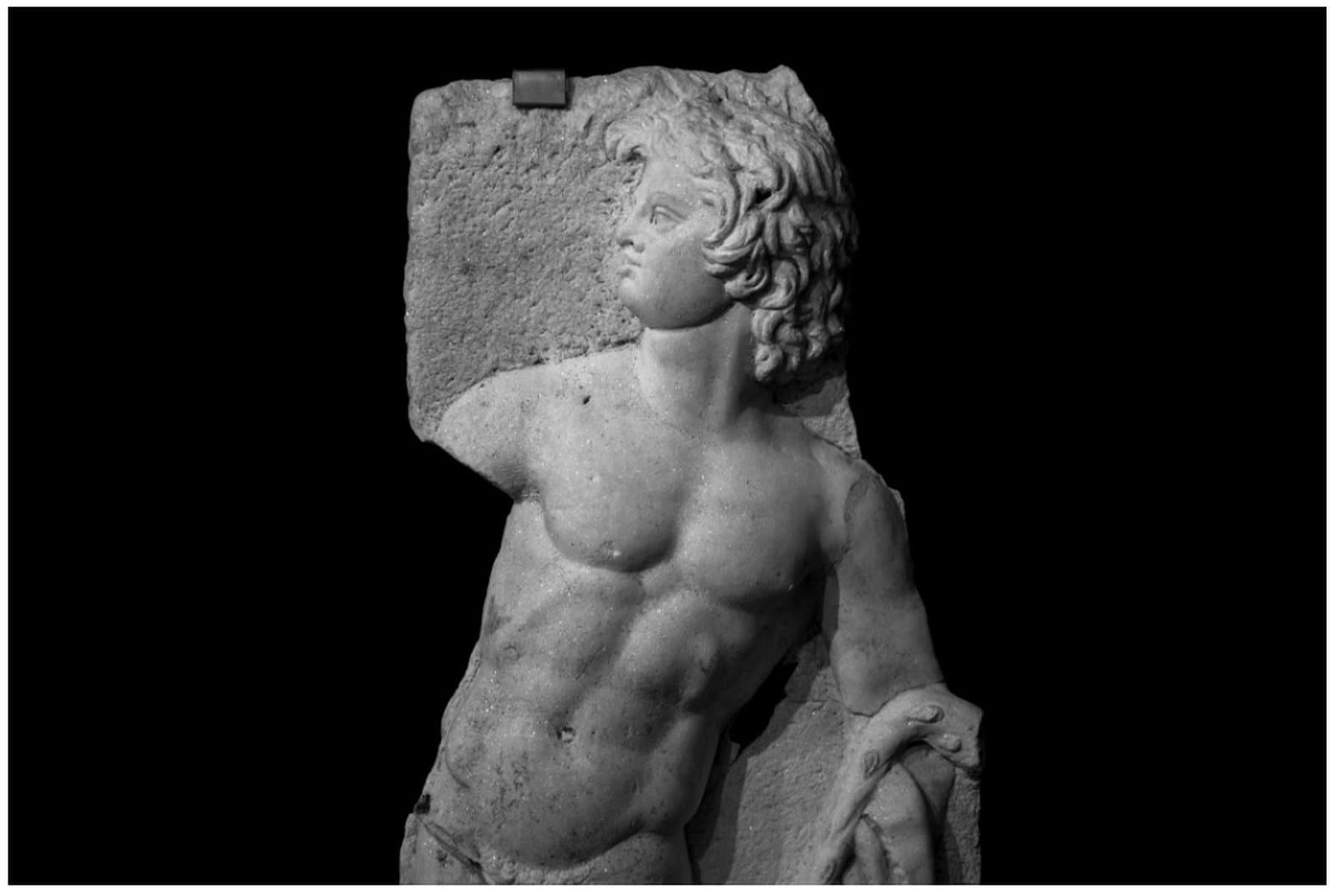 Stone relief of a youthful satyr with wavy hair, preserved from the torso upward.