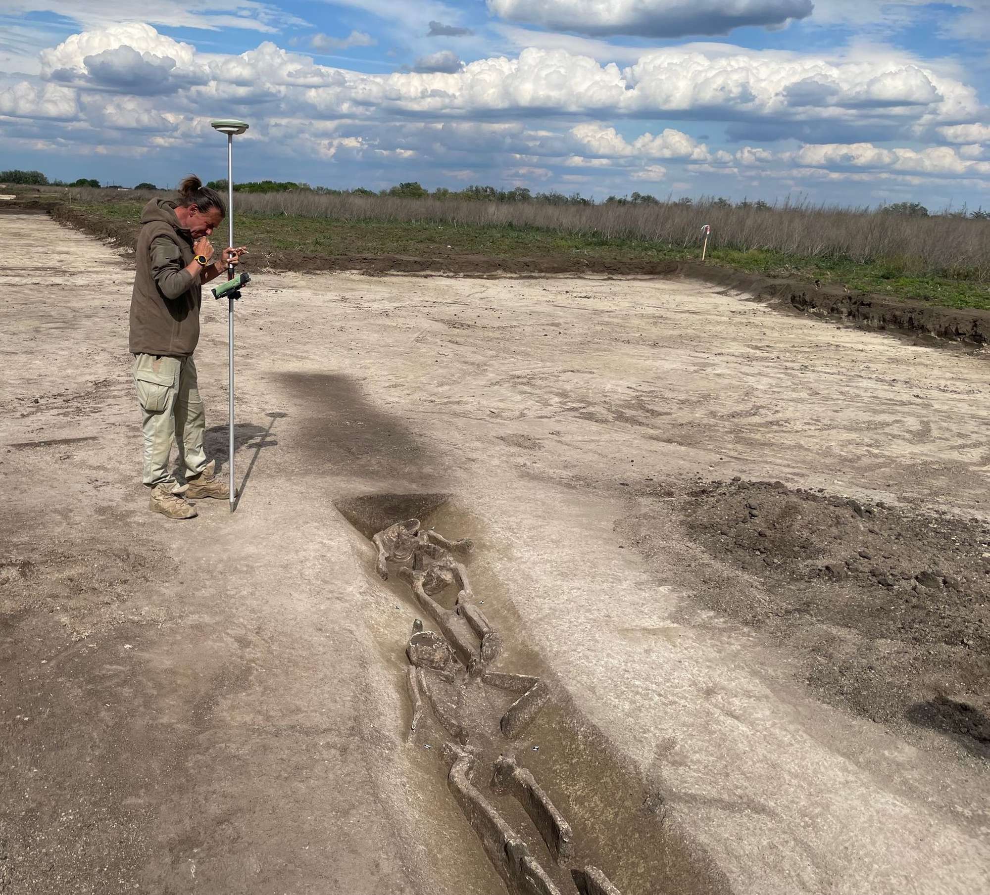 Excavated human remains in a soil feature at the Roman camp near Šurany.