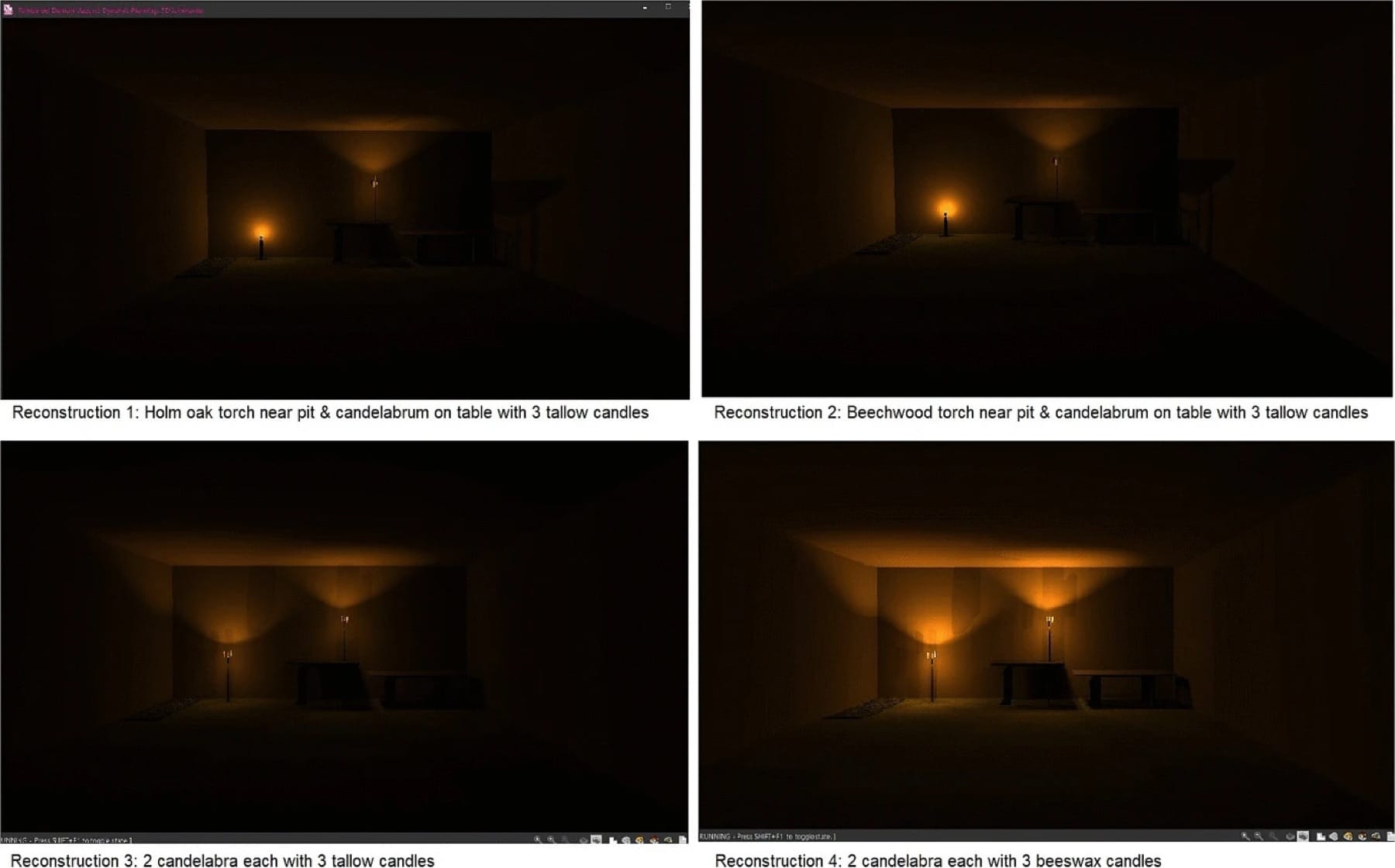Four digital views of the Tomb of the Blue Demons under different reconstructed torch and candle lighting arrangements.