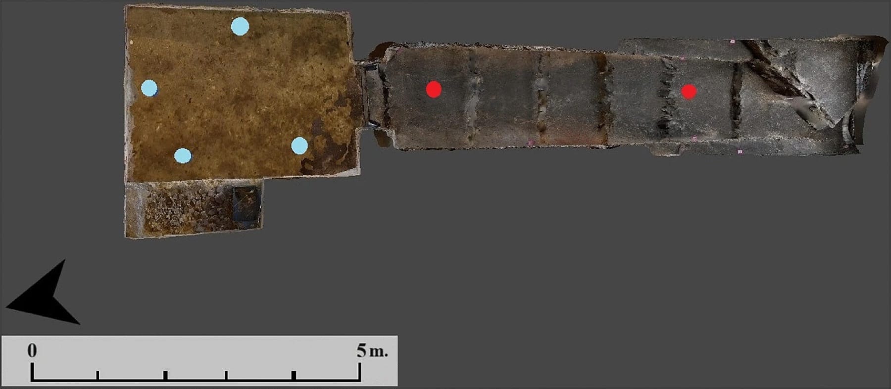 Overhead model of the Tomb of the Rooster showing a small chamber, long entrance passage and coloured acoustic-survey markers.