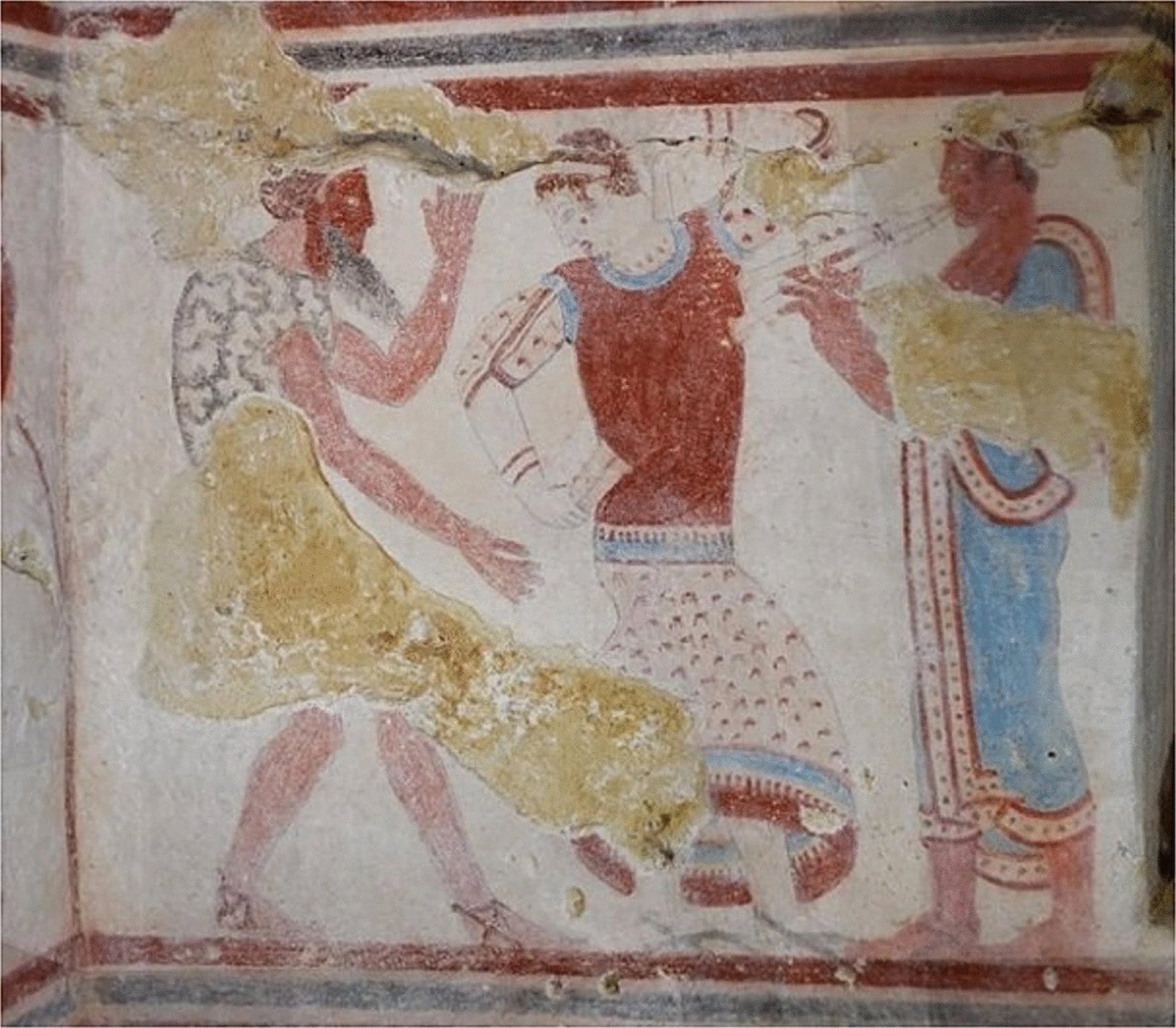 Painted dancers and double-pipe player in the Etruscan Tomb of the Rooster at Tarquinia
