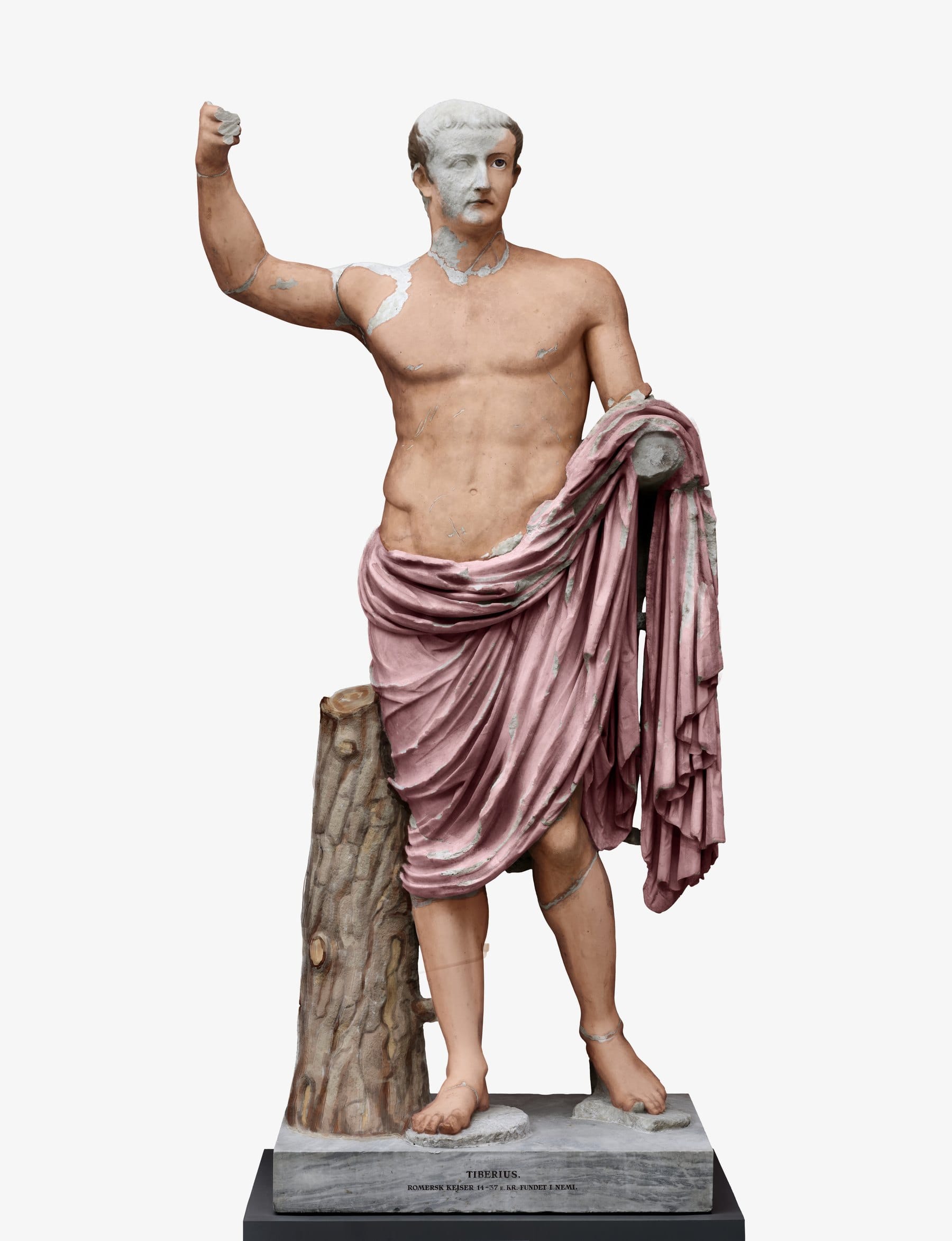 Digital visualisation of the Tiberius statue with a pink draped garment.