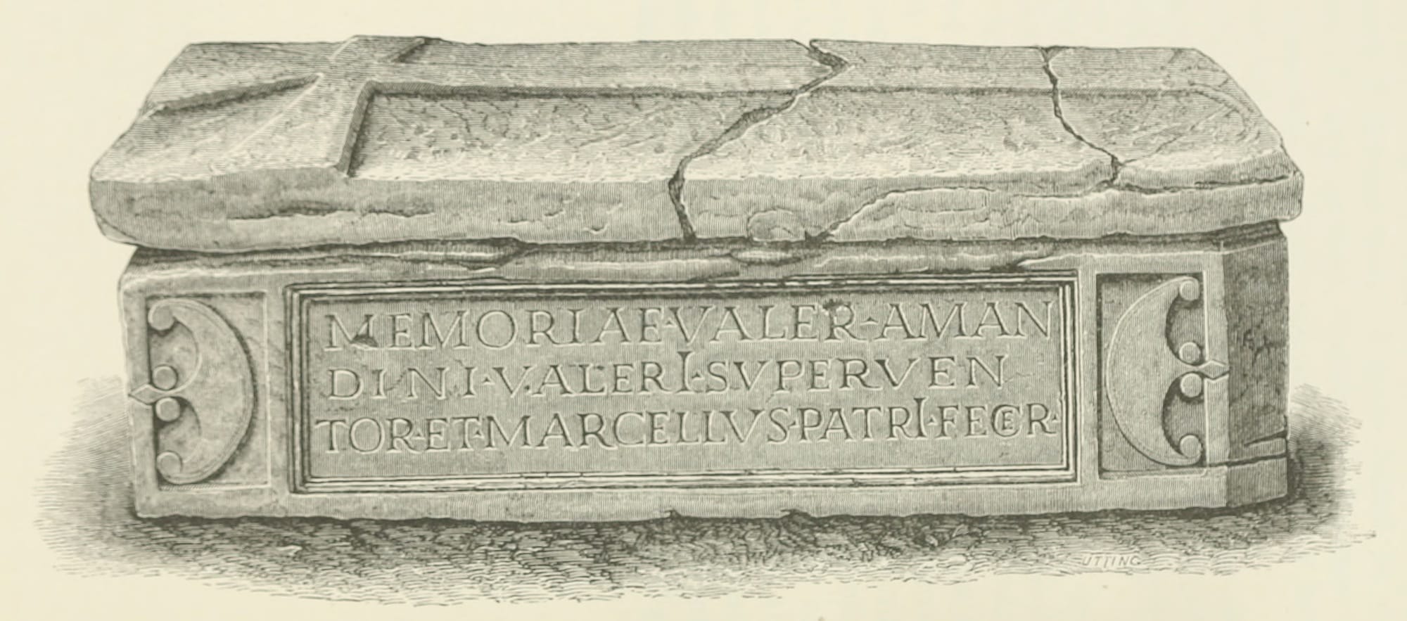 Robert Brooke Utting’s 1870 engraving of Valerius Amandinus’s sarcophagus, showing its three-line Latin inscription and carved panels.
