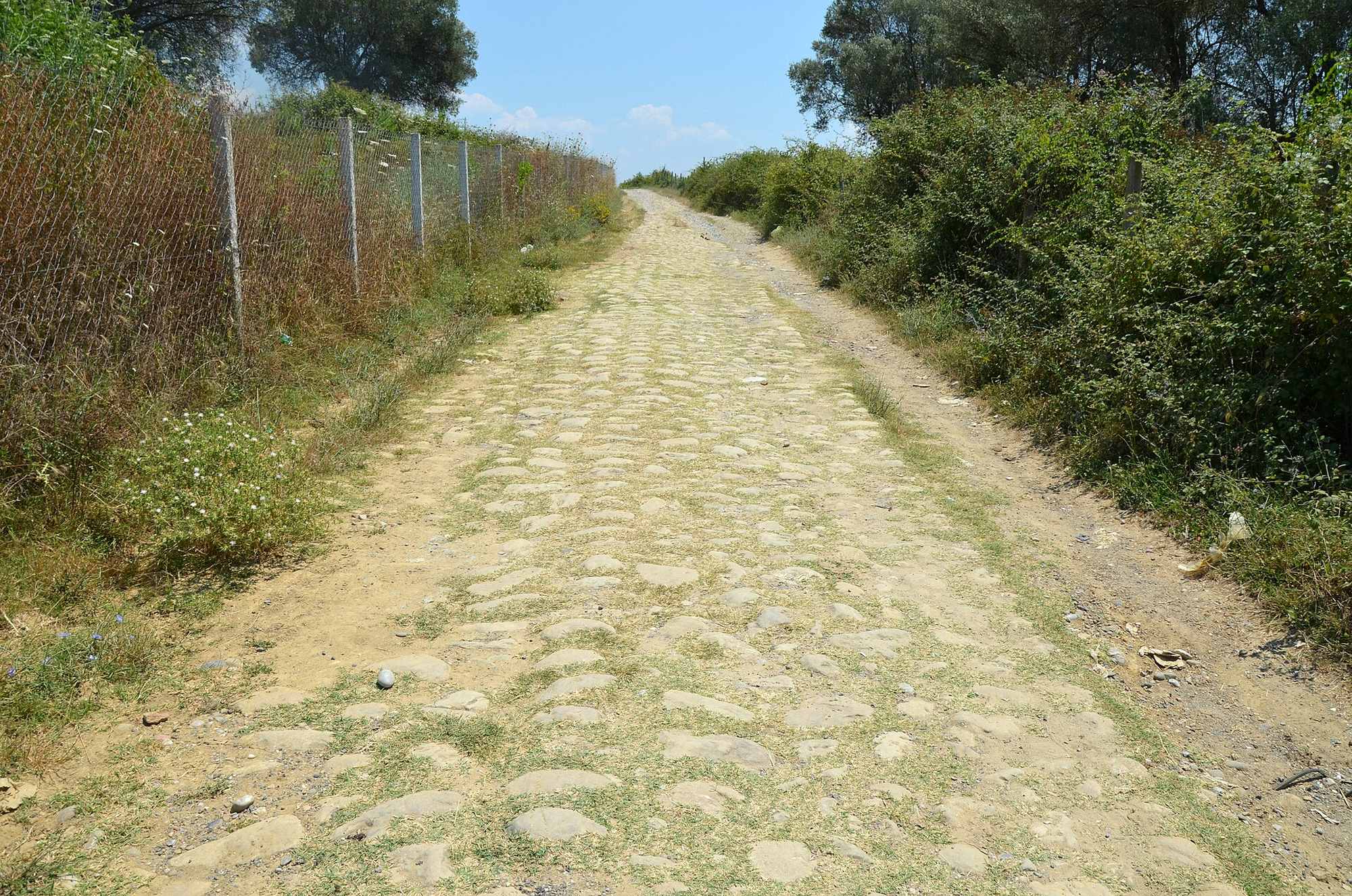 Straight stone-paved section of the Via Egnatia rising gently between vegetation near Peqin, Albania.
