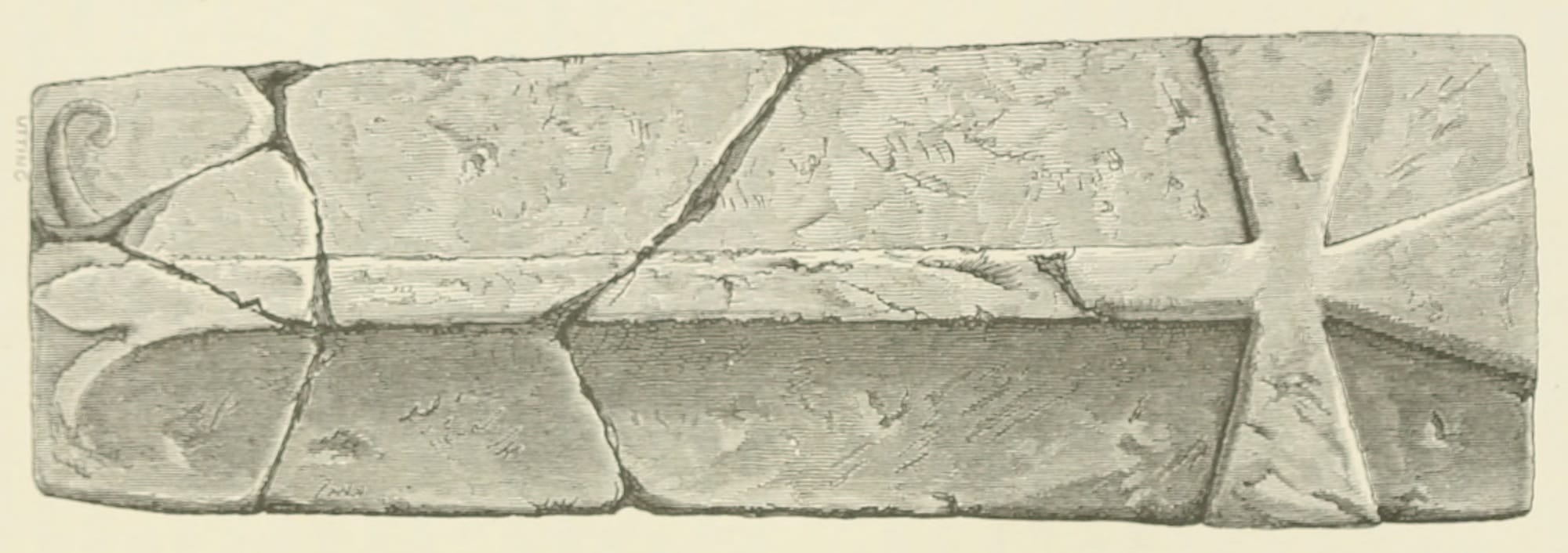 Utting’s 1870 engraving of the sarcophagus lid, with a large carved Latin cross and several fractures running through the stone.