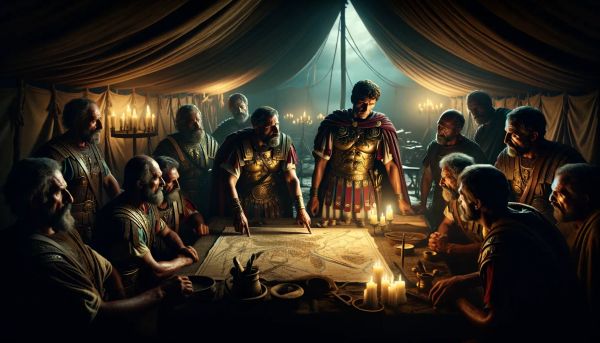 Scipio Africanus outlining his strategy for Hannibal's defeat in his tent