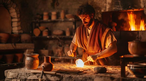 A Roman glass blower in his workshop working with hot glass