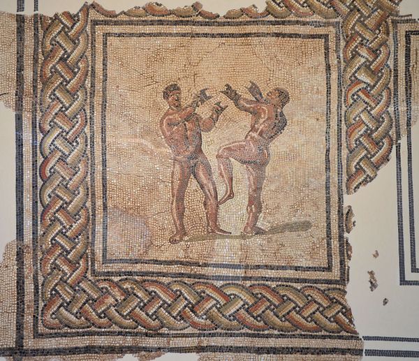 A mosaic fragment depicting two boxers with oddly shaped boxing gloves, 300-350 CE