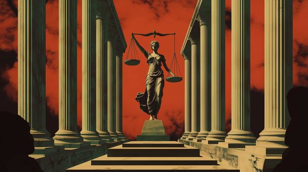 An allegory of Roman Goddess Justitia and twelve pillars as foundations, symbolising the Twelve Tables