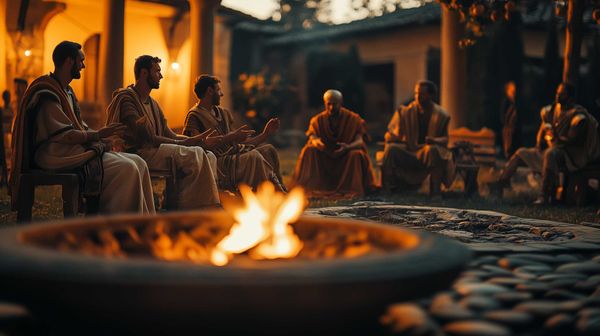 A possible representation of a  group of Ancient Romans gathering around the heat of a brazier during an autumn night