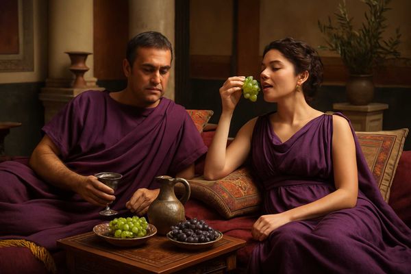 A possible representation of a wealthy Roman couple adorned with Tyrian purple garments