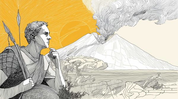 An illustration depicting Pliny the Elder at a younger age, with all the major events that shaped his life, from the military career to his philosophical thinking and the eruption of Vesuvius