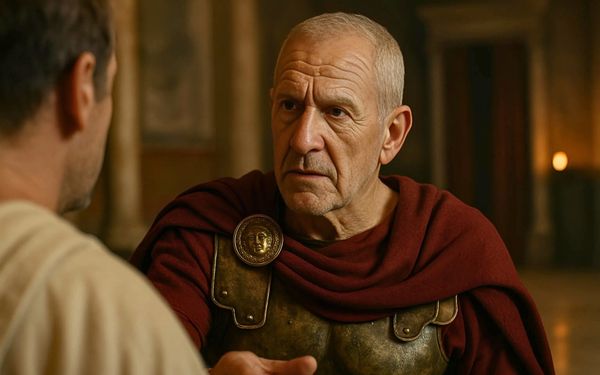 A possible representation of Roman Emperor Decius as he is giving orders to one of his subordinates before he leaves Rome to meet his opponent, Cniva