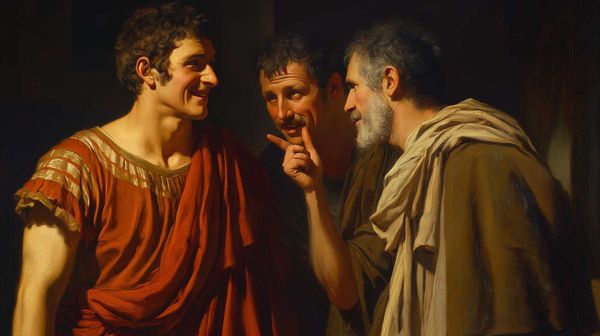 An illustration of Ancient Roman marketing, with a merchant and his colleague convincing a potential buyer to purchase their services