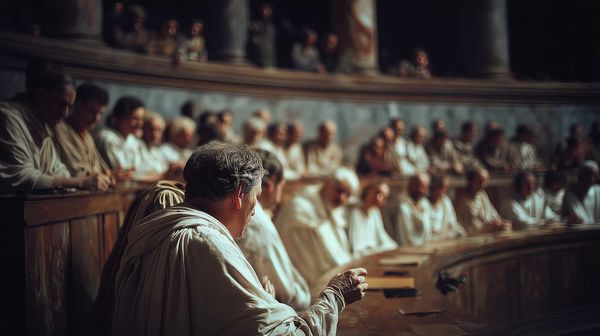 A possible representation of a Roman Senator in discussion with a fellow Roman Senate member, while preparing for the next session