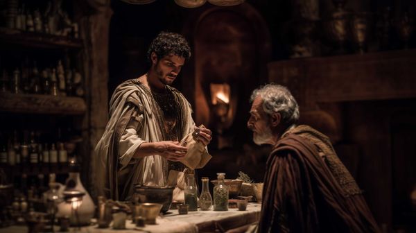 A possible representation of a Roman noble, gone to receive the poison he has ordered from a master of herbs