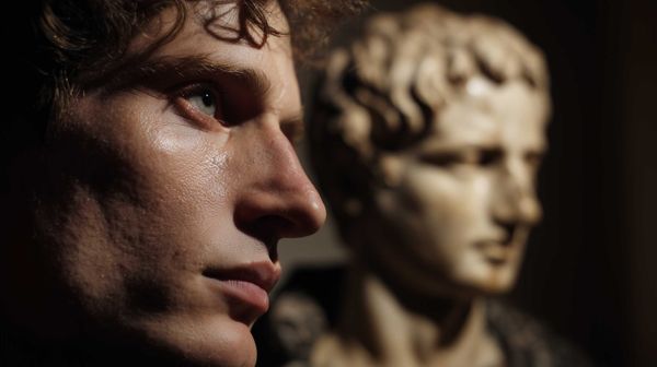 A possible representation of Gaius Caesar, in the background a bust of Emperor Augustus