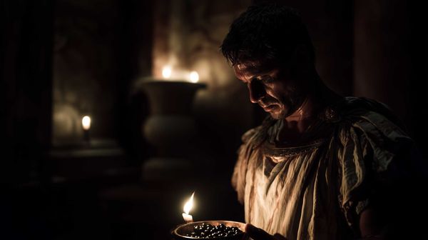 A possible representaion of a Roman paterfamilias in a dimly lit domus at midnight during the ancient Roman Halloween, or Lemuria