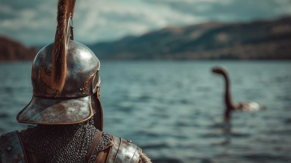 A possible representation of a Roman legionnaire stationed in Roman Britain, staring at what appears to be the legendary Loch Ness monster, Nessie