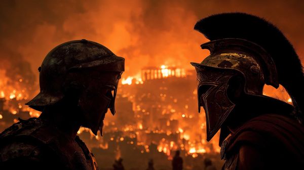 A possible representation of an Ancient Greek and a Roman warrior staring at each other, while a Greek city is in flames
