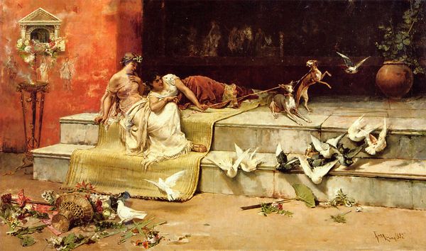 The Roman Maidens, a painting by Juan Luna showcasing women playing with their pet dogs and doves in Ancient Rome
