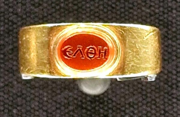  Intaglio with Greek inscription 'he or she came', 100-200 AD, Roman. Made by gold, red jasper On a permanent loan to Landesmuseum (Zurich) from the Alice and Louis Koch Foundation.