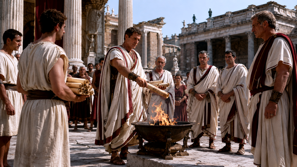 A public Roman burning of scrolls in the Forum / Comitium