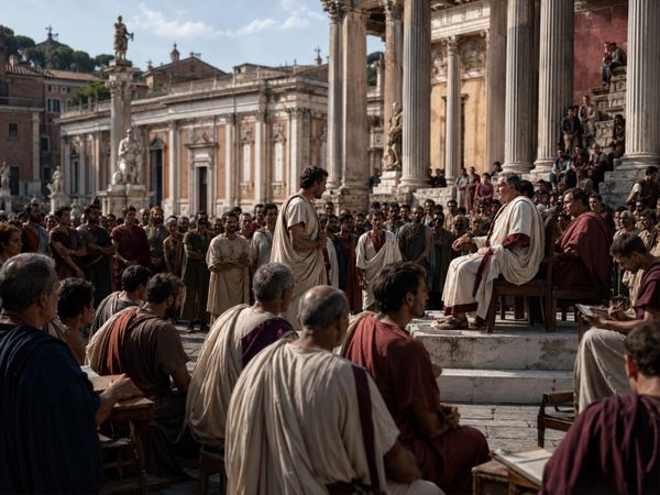 Possible representation of a trial happening in the Roman Forum