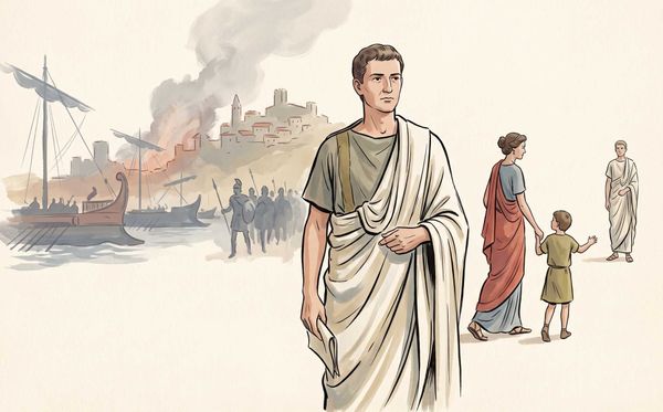 Editorial illustration of Tiberius Claudius Nero standing between scenes of Rome’s civil wars and Livia with the young Tiberius moving toward Octavian