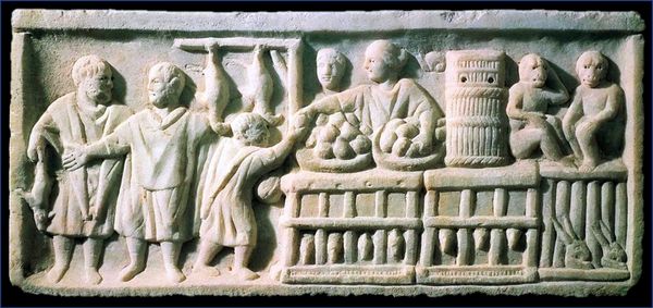 Ostia relief of a  saleswoman with pens of chickens and hares. 